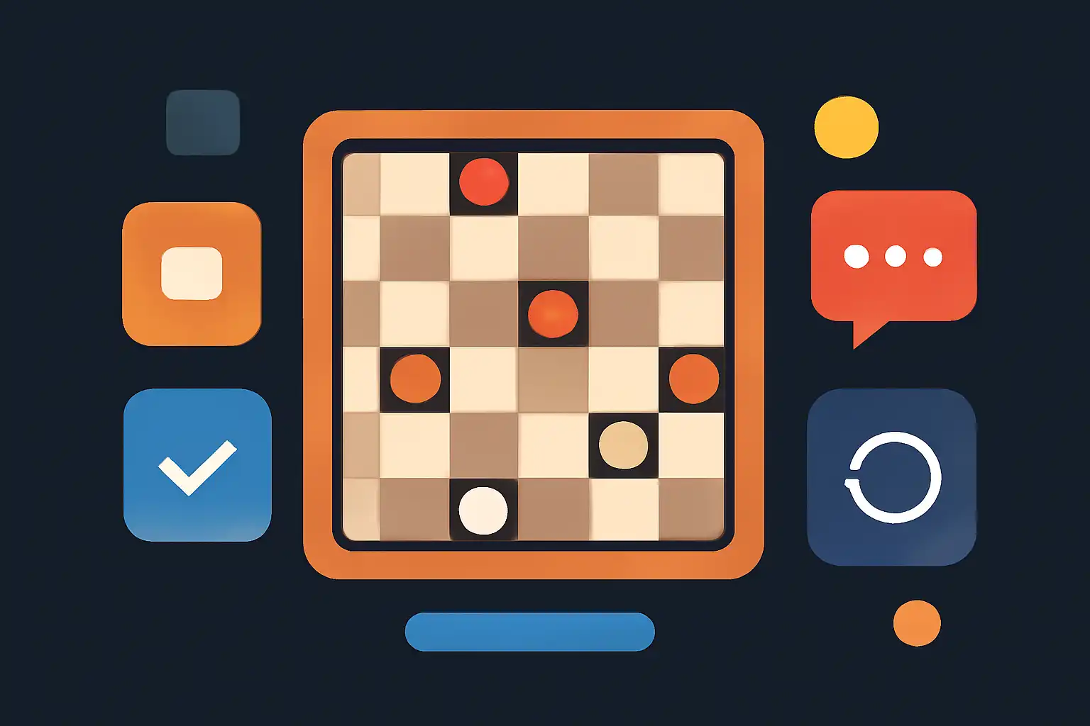 Hero illustration: Daman Game, modern flat design, dark background, brand-neutral, icons and shapes only, no text