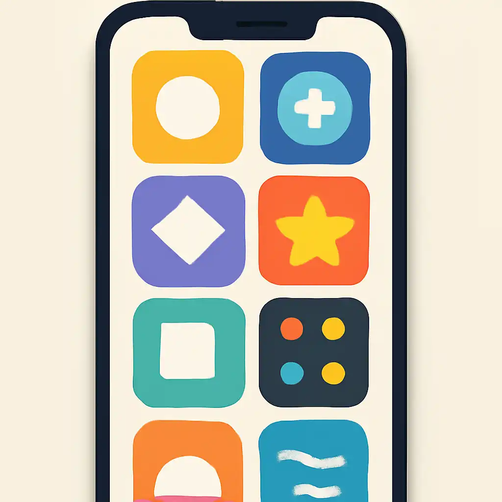 Smartphone shown from the front displaying a colourful flat layout of abstract game icons and rounded tiles (no text, no letters, no labels), Daman Game