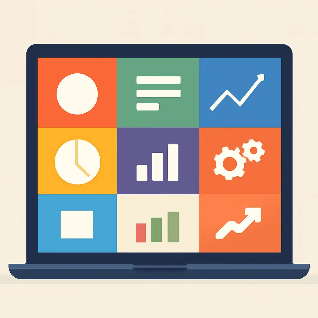 Laptop shown from the front displaying a colourful flat dashboard of abstract charts, bars and icon tiles (no text, no letters, no labels), Daman Game