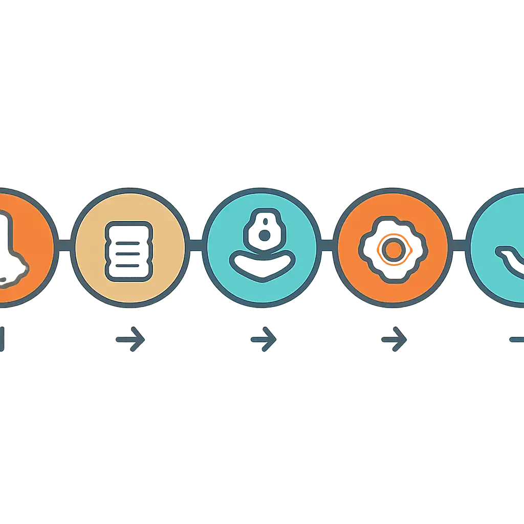 Five numbered circular icons connected by arrows in a horizontal flow, flat illustration, icons only, no words, Daman Game steps
